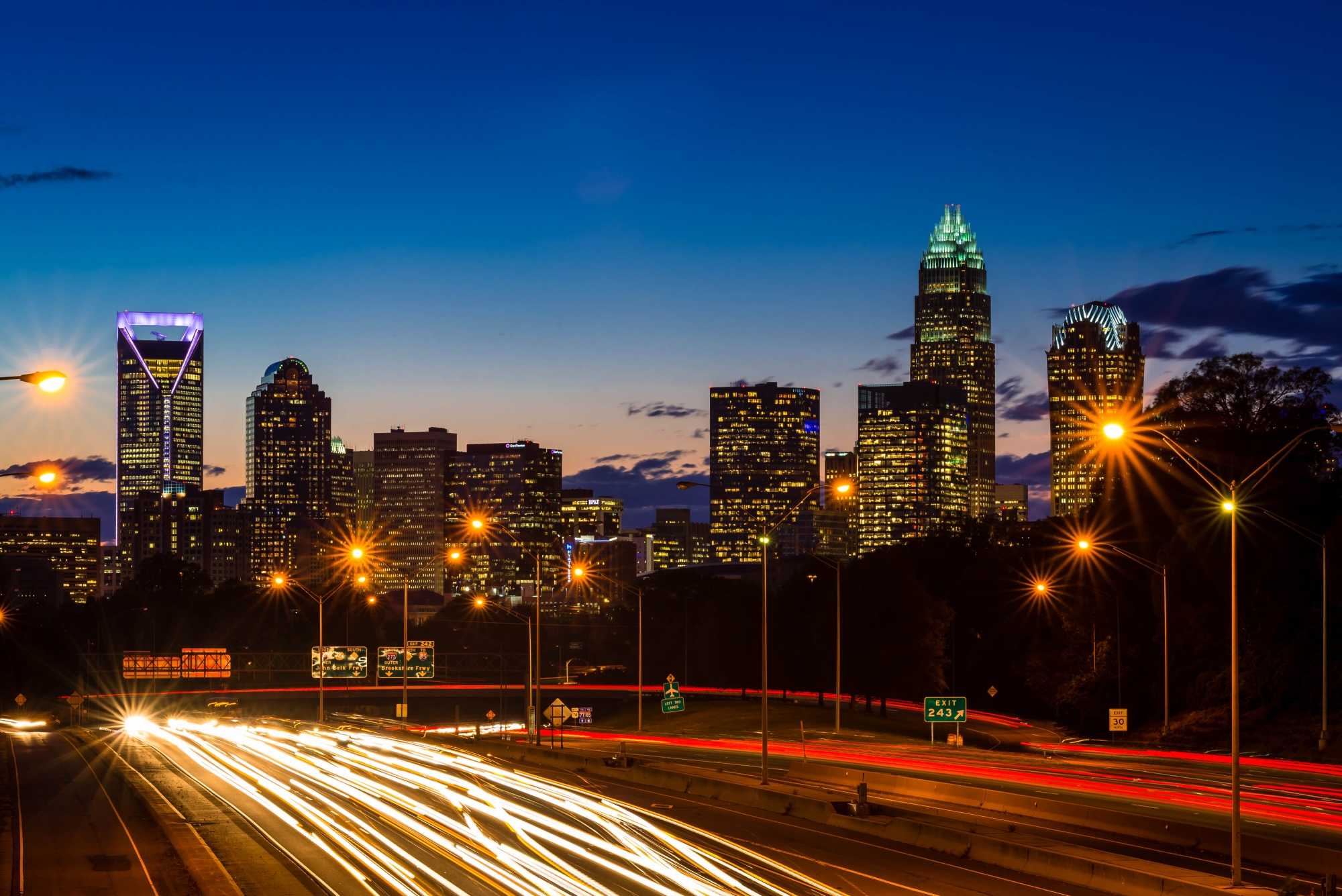 Charlotte skyline in evening with view of Uptown